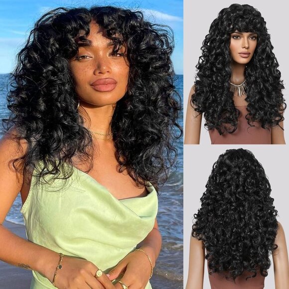 Curly Wig with Bangs for Black Women Long Black Kinky Wigs with Wispy Bangs Curl
